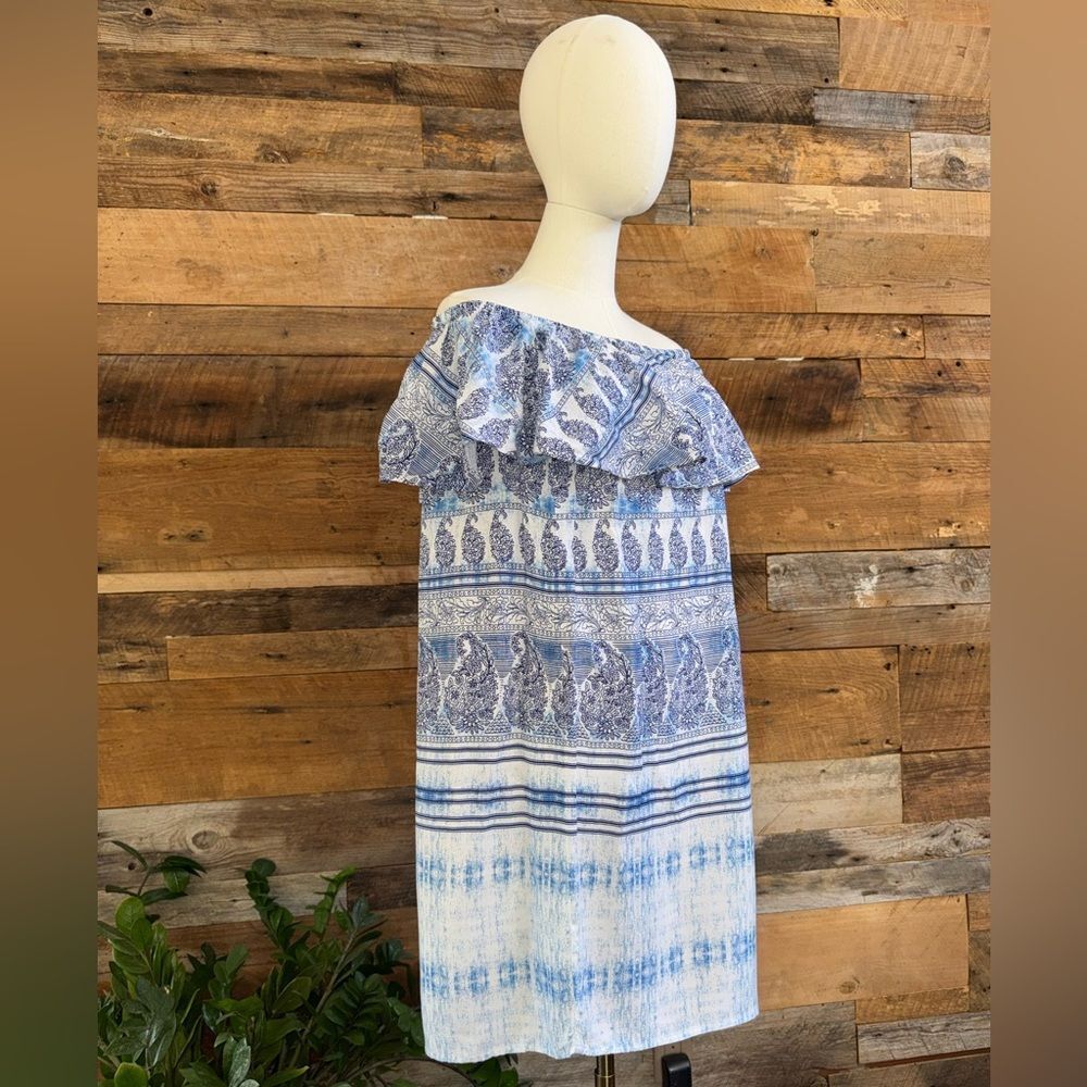 Beachlunchlounge Blue White Paisley Floral Off Shoulder Ruffle Dress Size Small